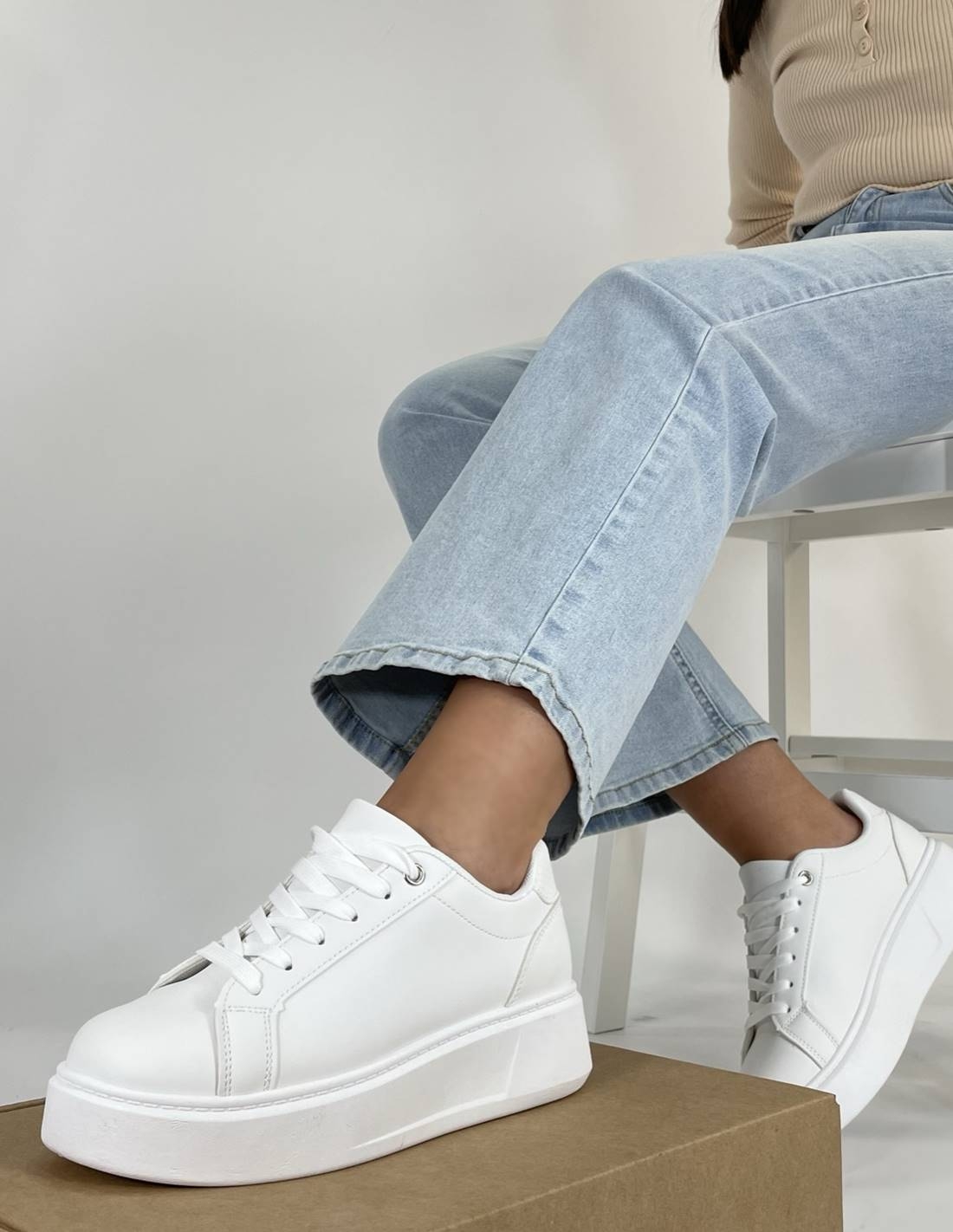 MD Zapatillas mujer blancas con plataforma caña baja livianas